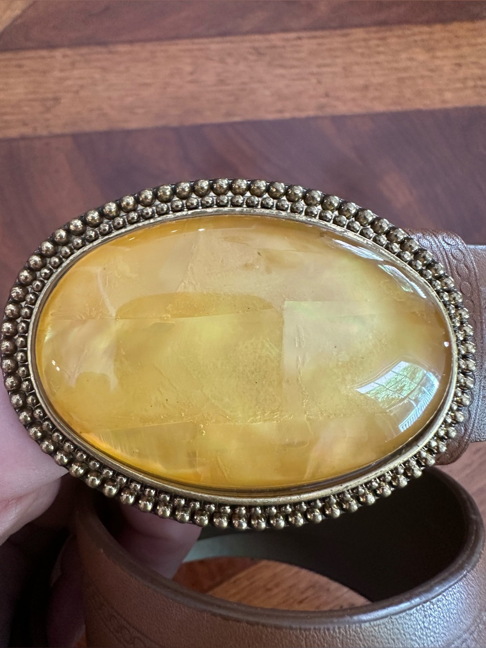 Wide Leather Belt w/ Amber Stone Buckle Boho Large